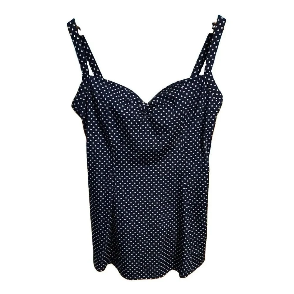 Anne Klein Swim Dress Womens 16 Navy Polka Dot One Piece Swimsuit Tummy Control